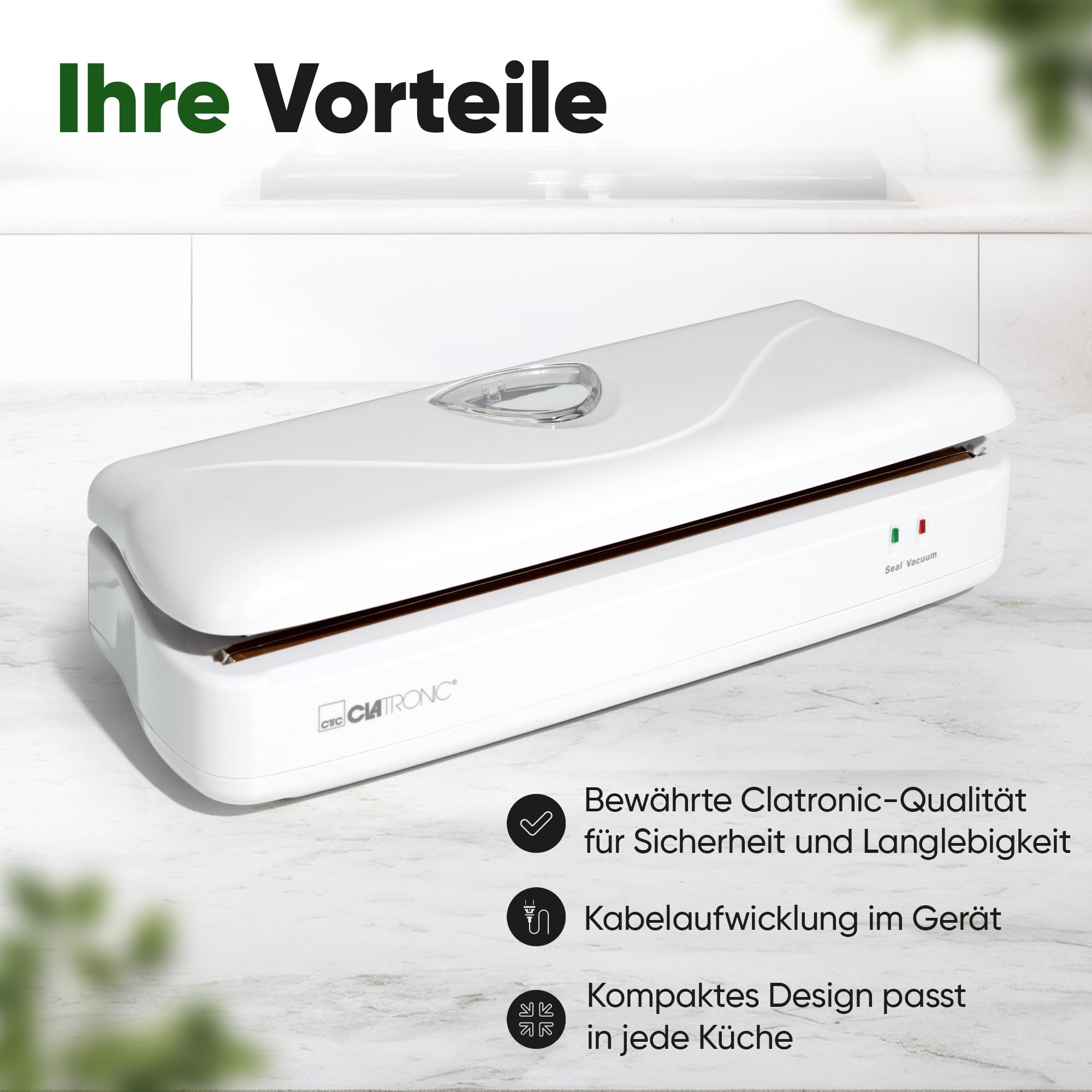 Clatronic zgrzewarka próżniowa; do Sous Vide; elektroniczna regulacja mocy; okienko do przechowywania folii; z 1 x folią próżniową; biała