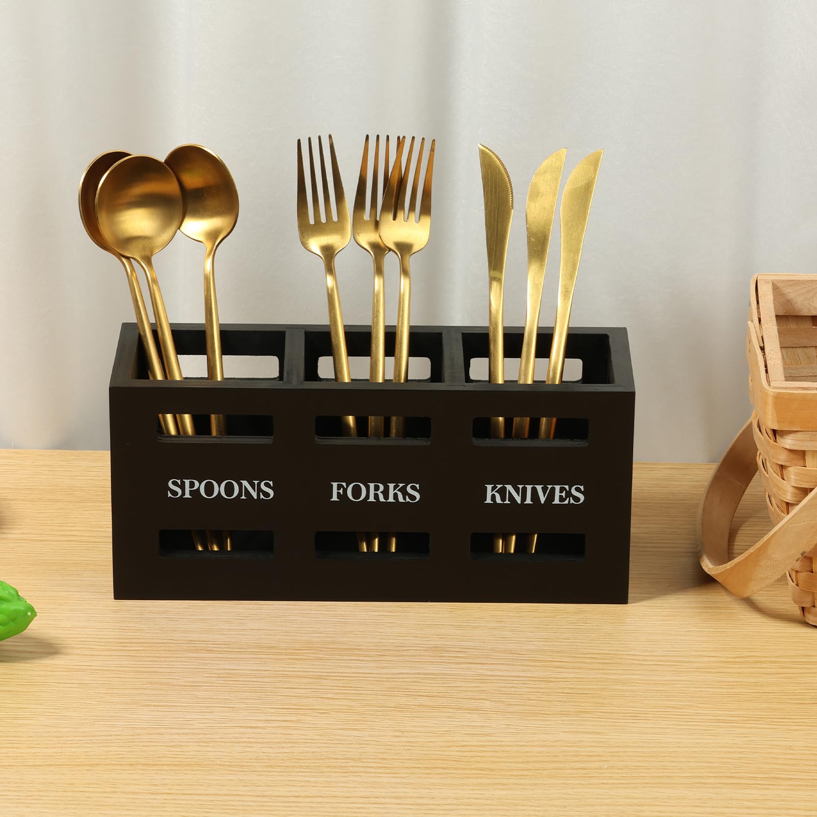 Wooden Cutlery Holder Cutlery Caddy Organiser Countertop Utensils Storage Organizer with 3 Compartments Large Capacity Kitchen Utensil Holder Multipurpose Flatware Caddy for Table Forks Spoons Cutters