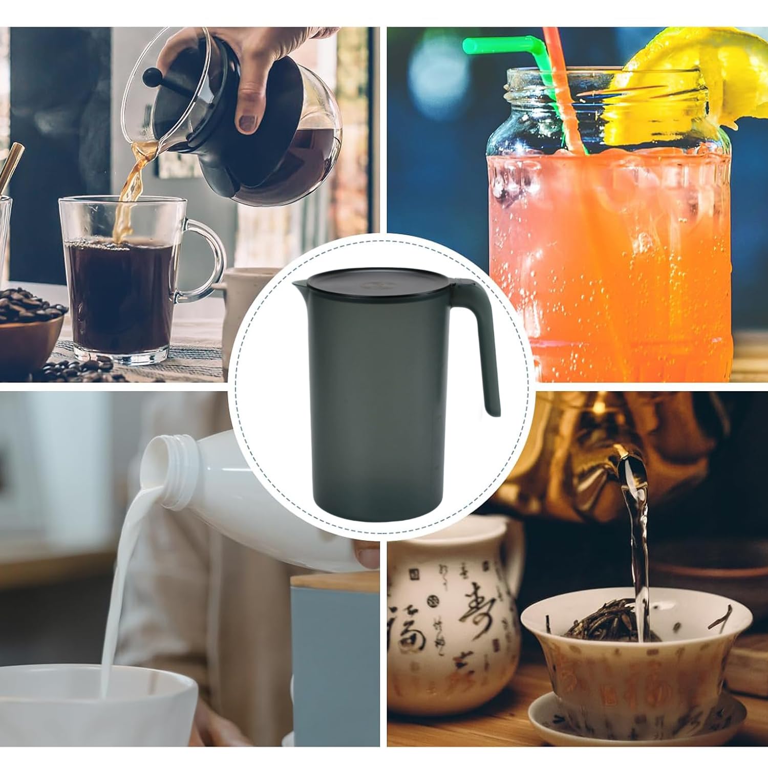 Jarra De Té Helado, Jarra De Agua, Jarra De Plástico, Jarra De Plástico Con Tapa, Jarra Agua Nevera, Jarra De Agua Con Asa, Jarra De Zumo De Plástico, Para Té, Jugo, Bebidas Frías o Calientes(Negro)