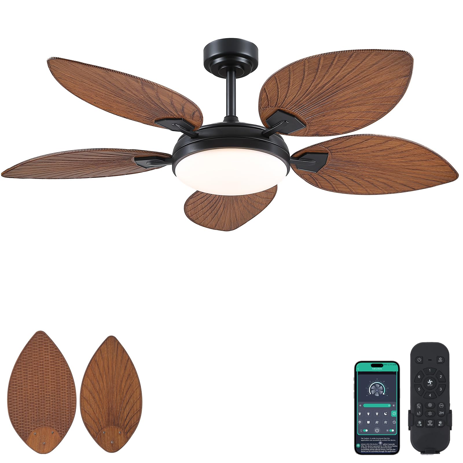 PHORUS 52" Tropical Outdoor Ceiling Fans with Lights and Remote,Palm Leaf Ceiling Fan for Patios Porch Patio, Dimmable, 6 Speeds, Reversible, Dark