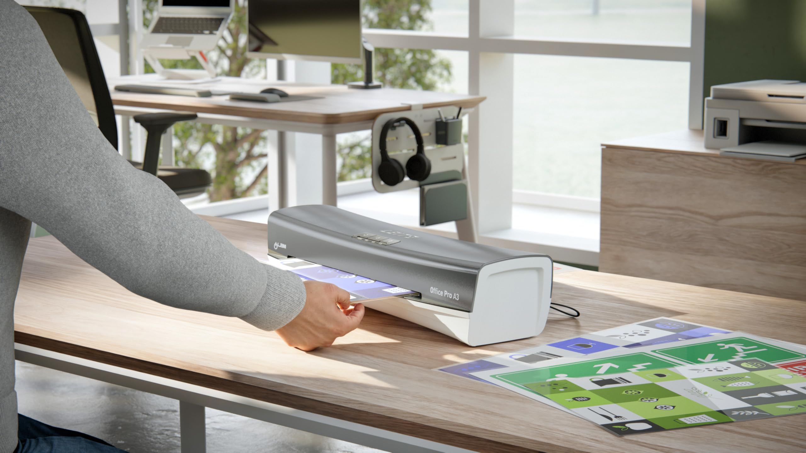 Leitz 75180084 -Plastificadora iLAM Office Pro A3, Calentamiento Ultra Rápido 1 Minuto, 75-125 Micras, Indicador LED Inteligente, Apagado Automático, Incluye 5 Fundas A4 para Plastificar, Gris/Blanco