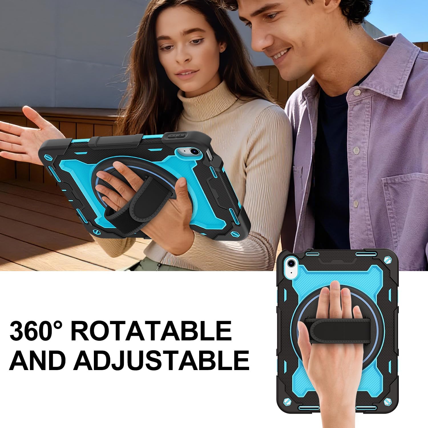 Case for iPad (A16) 11th/10th Generation 11''/10.9'' 2025/2022, Full-Body Shockproof Protective Cover with Screen Protector, 360° Rotating Stand and Hand/Shoulder Strap, Light Blue/Black