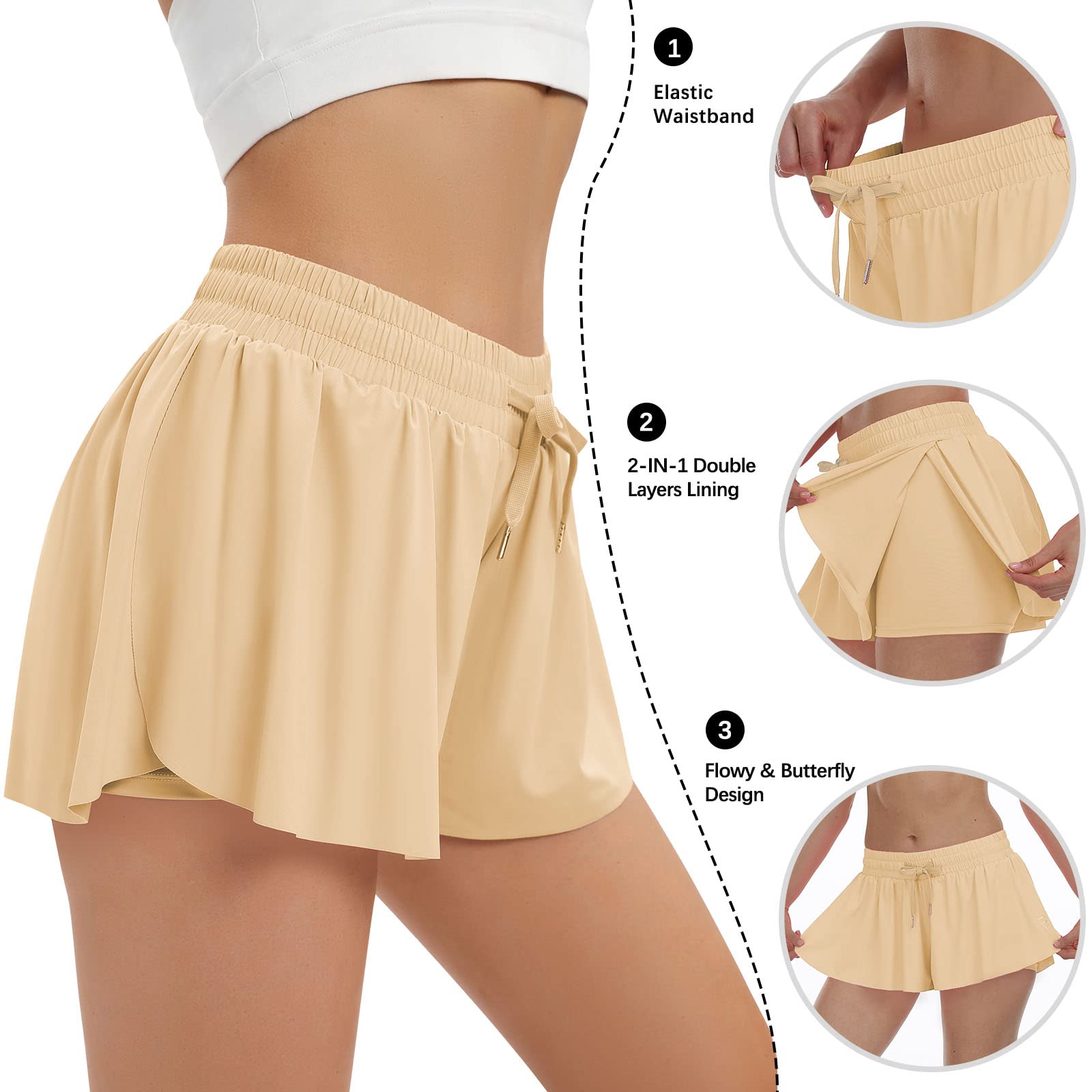 Short de Sport 2 en 1 pour Femme - avec Poche - Motif Papillon - pour la Course à Pied, l'entraînement, la Transpiration, l'élasthanne - pour se détendre, la Gym, Le Yoga, l'été