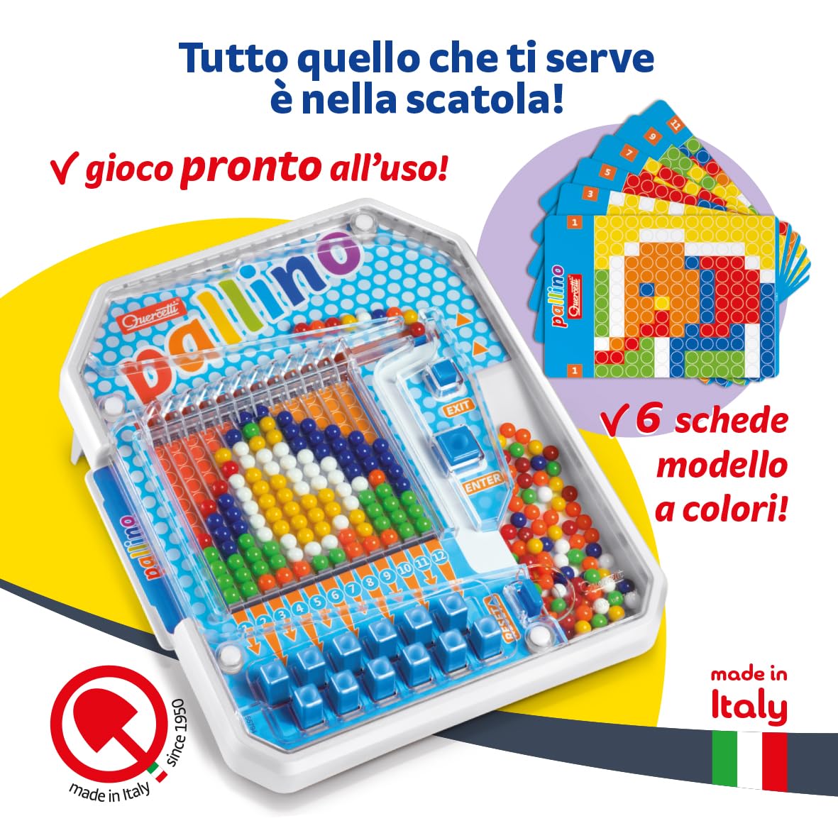 Quercetti Pallino, Giochi educativi 4 anni fino ad 8, Gioco con 6 Tessere Mosaico Bambini con Palline Colorate, Stimola Logica e Coordinazione, Giochi da Tavolo Bambini, Regalo Bambina 5 Anni