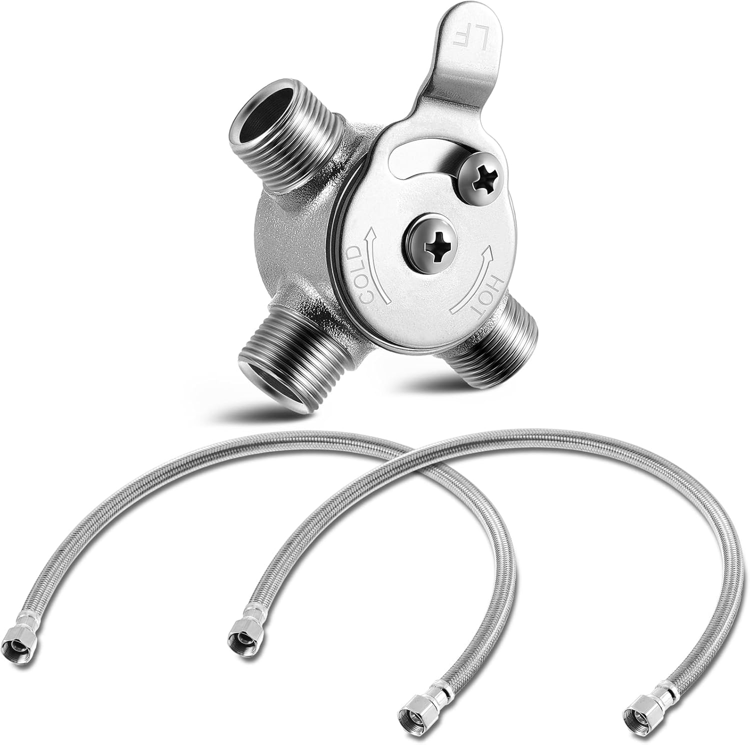 2 Pcs 3/8" Manual Mixing Valve Hot Cold Water Temperature Mixer Thermostatic Mixing Valve for Home and Bathroom Below Deck to Adjust Water Temperature, 4 Braided Faucet Connector Included