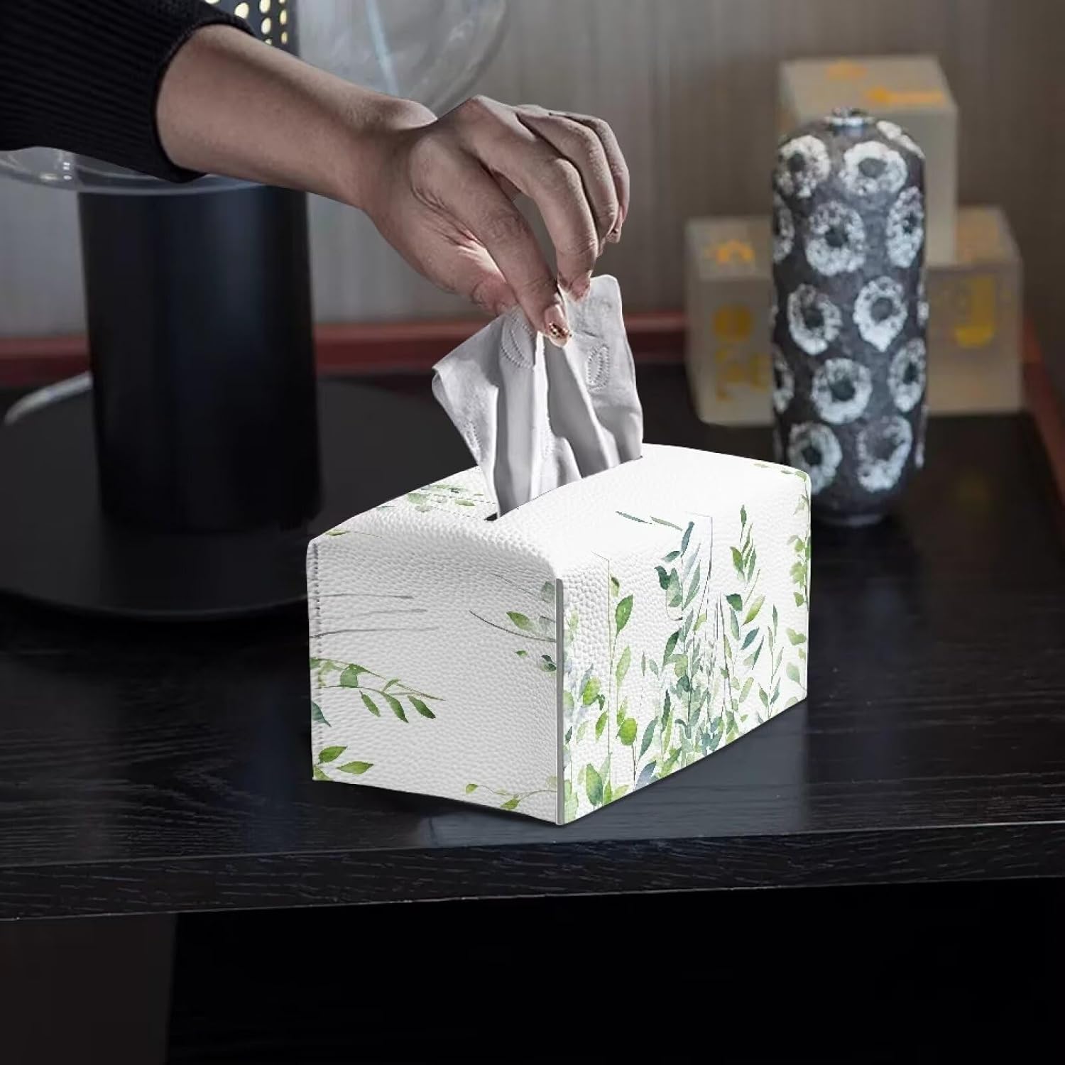 ZDCUSTOM Green Leaf Tissue Box Cover Rectangle Facial Tissue Holder Case PU Leather Stylish Tissue Cube Box Cover Napkin Tissue Holder for Office Bedroom Bathroom