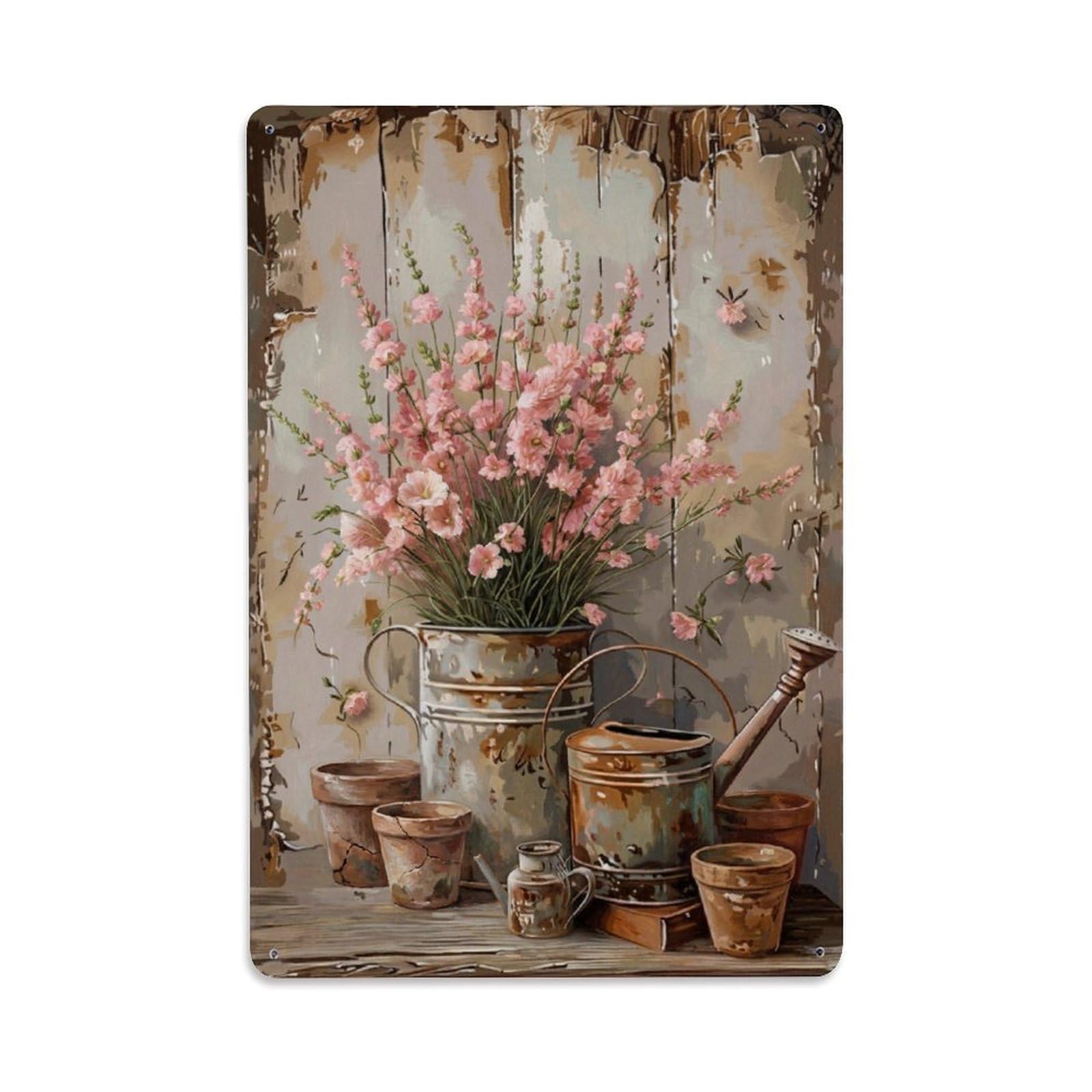 Vintage Flower Bunch Hollyhock Pastoral Aesthetics Metal Tin Sign