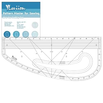 YLaziion 16" Imperial Pattern Master & French Curve Ruler for Sewing | 3mm Non-Yellowing Acrylic, 60 & 45 Angle Lines, 1/16" Scale, Hip Curve, Vary Form Curve, Armhole, Seam Allowance Guide