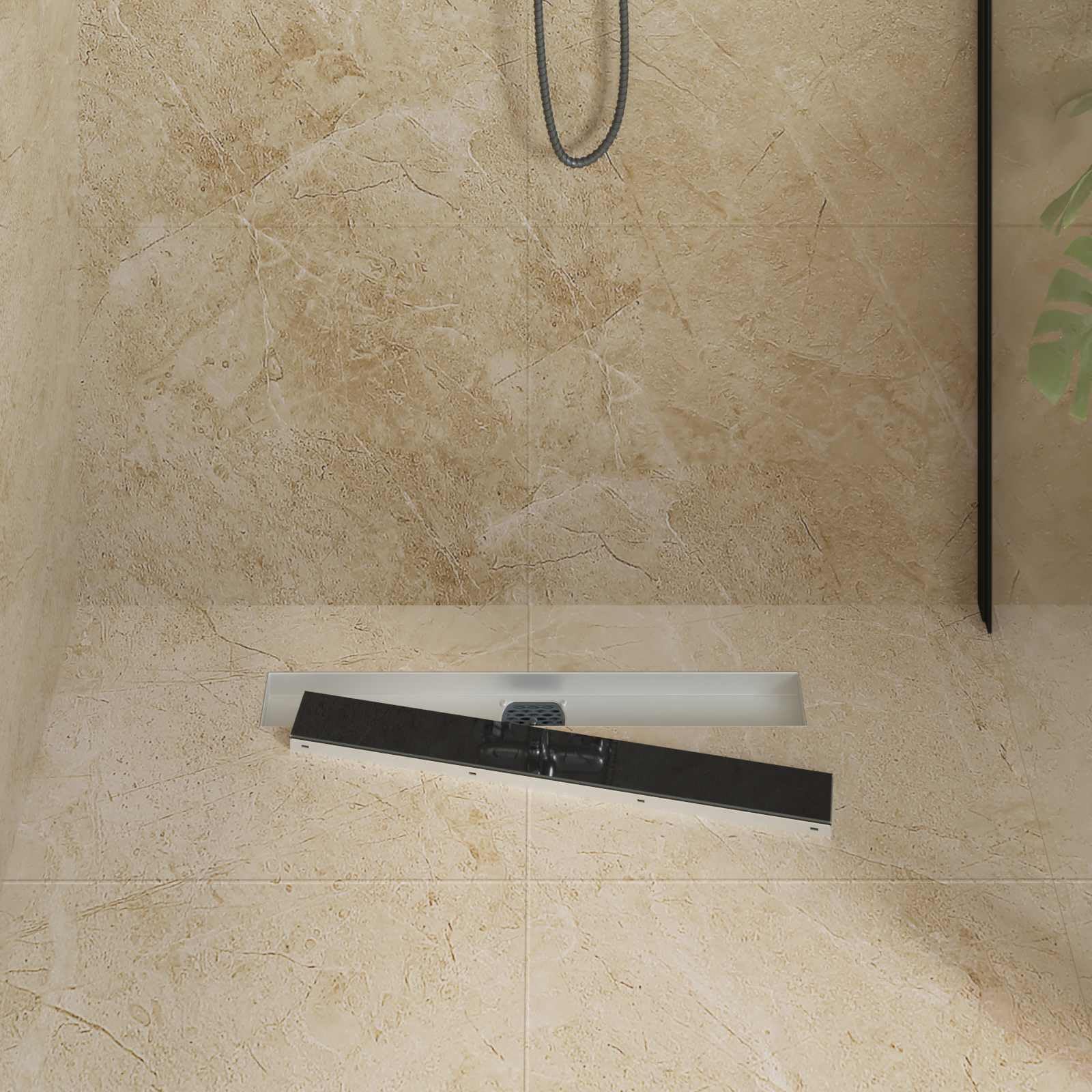 Duschabfluss mit Glashülle und 360° Siphon, Edelstahl 304 schwarz, 60 cm, höhenverstellbar 0-30 mm, fliesenfähig, abnehmbar für Dusche Bad Sanitär