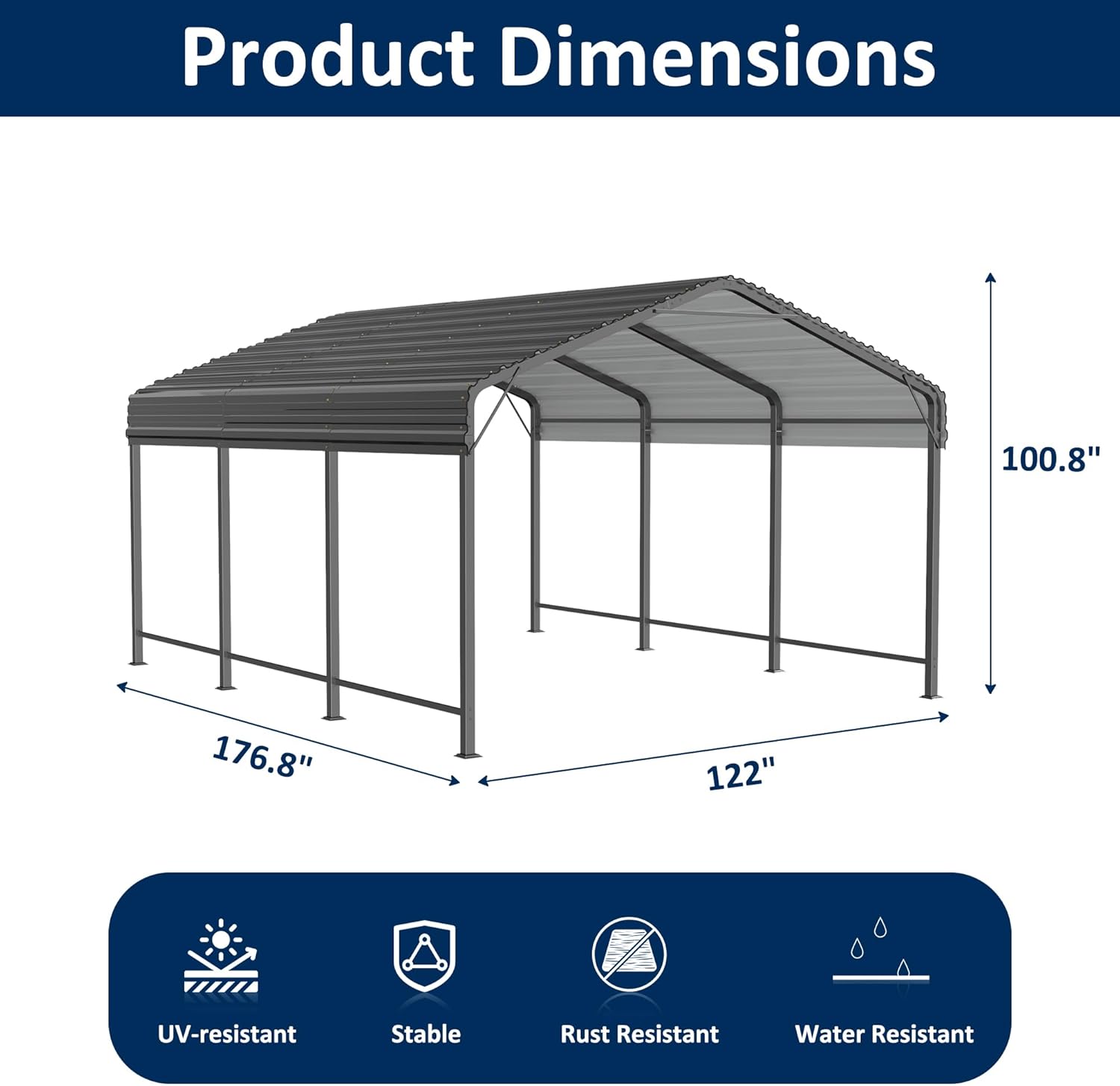 Diagram showing the dimensions of the carport: 176.8 inches length, 122 inches width, and 100.8 inches height, along with icons for UV-resistant, Stable, Rust Resistant, and Water Resistant.