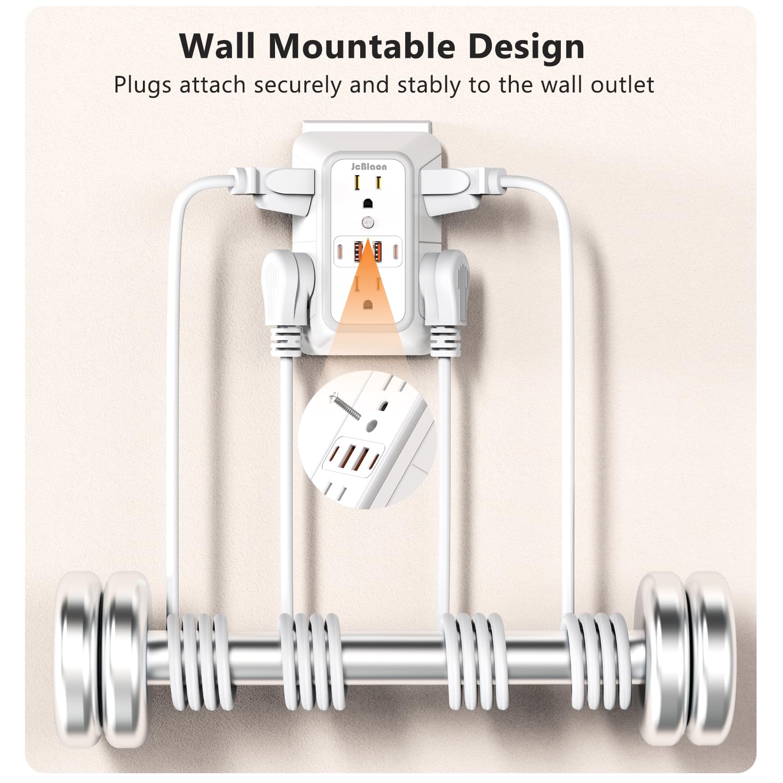 JcBlaon Chargeur mural USB, filtre de ligne, parasurtenseur avec 4 ports (2C), prise d'extension, multiprise, adaptateur d'espacement pour la maison, le bureau et les voyages, blanc