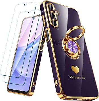 for Samsung Galaxy A15 5G Case with 2 Pack Screen Protector, 360 Rotatable Ring Holder [Luxury Hearts Pattern] Plating Gold Edge Slim Soft Phone Cover Case for Galaxy A15 - Purple