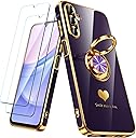 for Samsung Galaxy A15 5G Case with 2 Pack Screen Protector, 360° Rotatable Ring Holder [Luxury Hearts Pattern] Plating Gold Edge Slim Soft Phone Cover Case for Galaxy A15 - Purple
