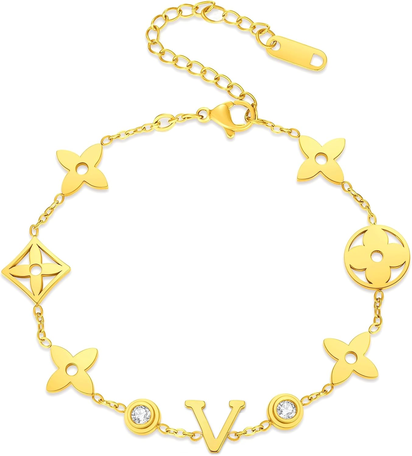 Gold Link Initial Bracelet with Floral Charms for Women, 18K Adjustable Chain Bracelet with Crystal Accents, Fashion Designer Jewelry Gift