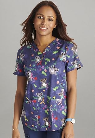 Cherokee Prints Women Scrubs Top V-Neck Print CK652 | Two Patch Pockets, Pencil Stitch, Side Vents, 26-Inch Back Length, Storage And Mobility For Healthcare Work