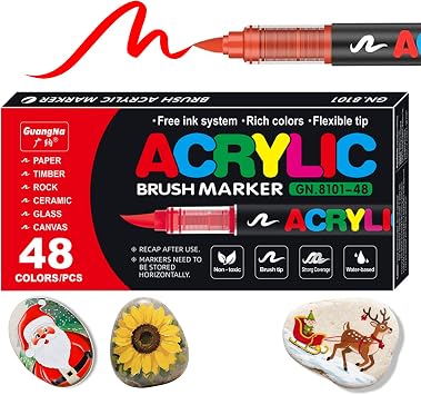 KsopiaVobs 48 Color Acrylic Paint Pens, Soft Brush Tip Acrylic Paint Markers,Quick-Drying Waterproof Acrylic Markers for Canvas, Rock Painting, Wood, Stone, Glass, Ceramic, Fabric Painting, DIY Crafts