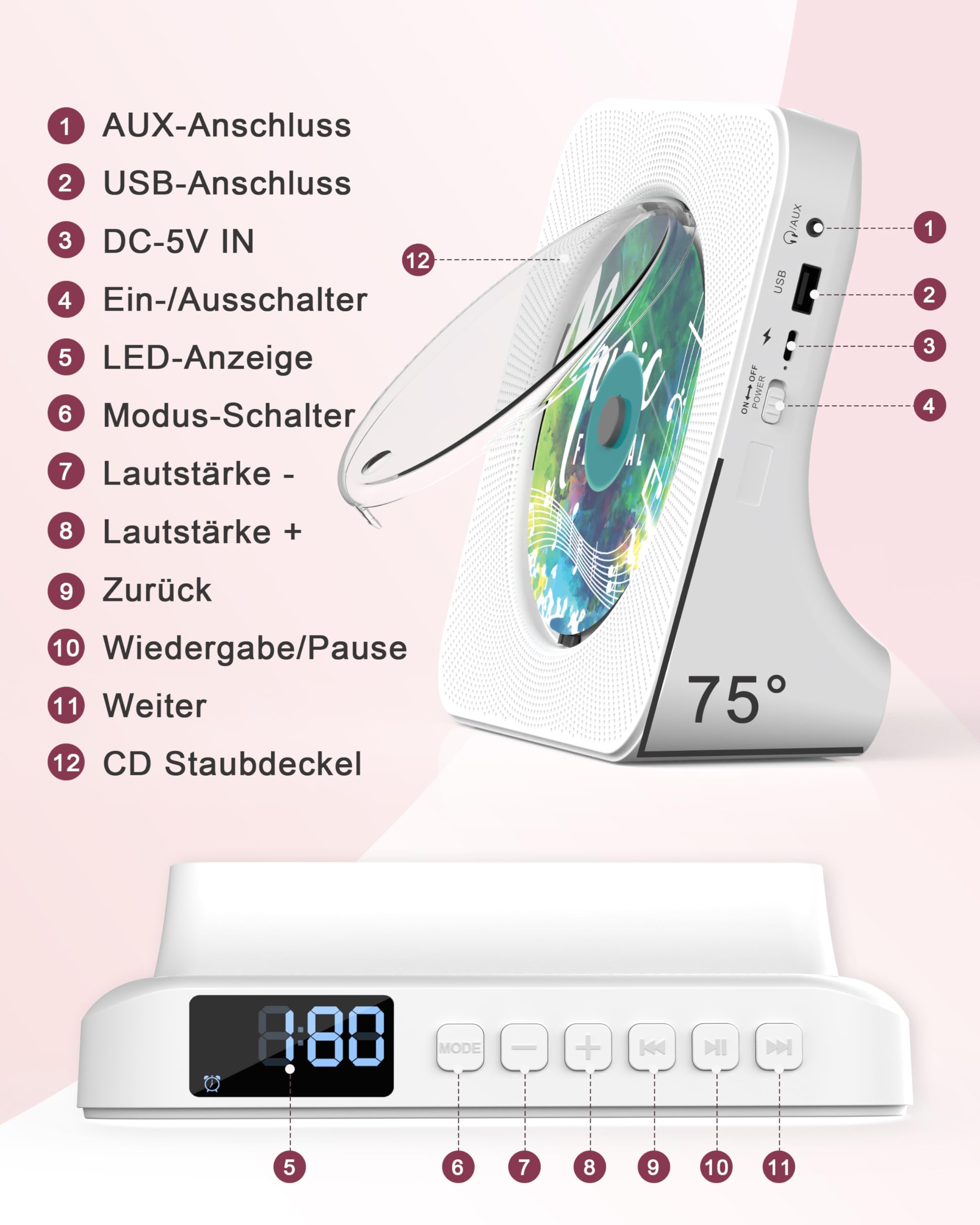 Greadio CD-Player Tragbar mit Bluetooth 5.0,CD-Musik-mit Fernbedienung,HiFi-Sound-Lautsprecher,Staubschutz,LED-Bildschirm,FM-Radio,unterstützt AUX/USB,Kopfhörerbuchse für Geschenk,Zuhause (Weiß)