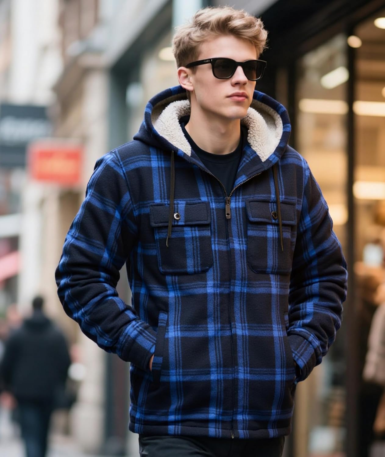 Little Beauty Men's Flannel Shirt Jacket Zip Up Fleece Plaid Jackets with Pokect Winter Warm Sherpa Lined Coat Hoodie - Image 2