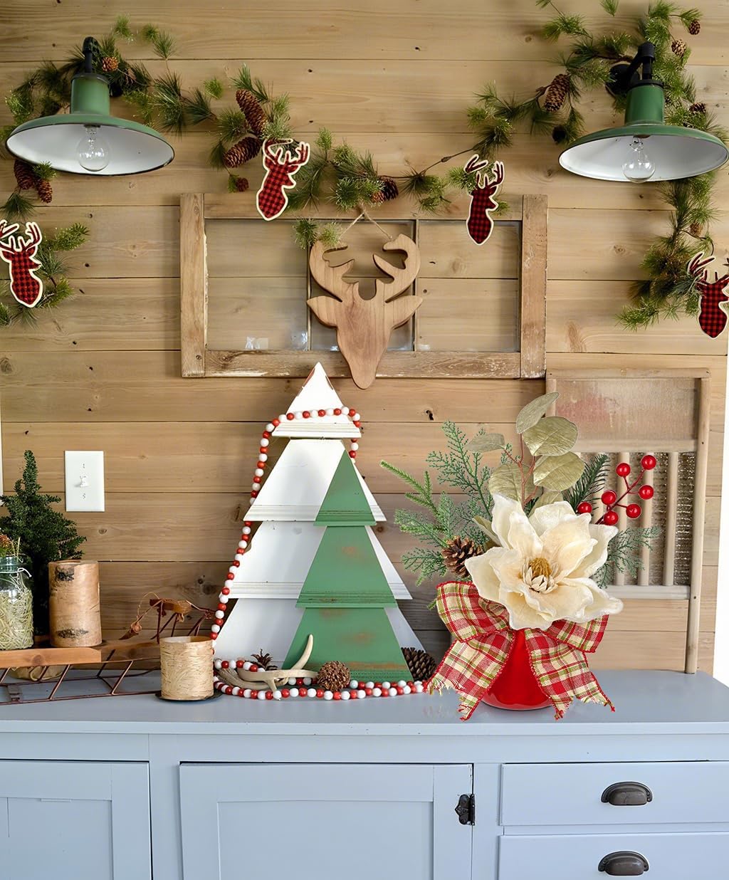 Artificial Christmas Floral Arrangement with Velvet Magnolia Pinecones Berries Ribbon Greenery Faux Flower Centerpiece in Ceramic Pot Holiday Arrangement for Home Mantel Xmas Dining Table Decor