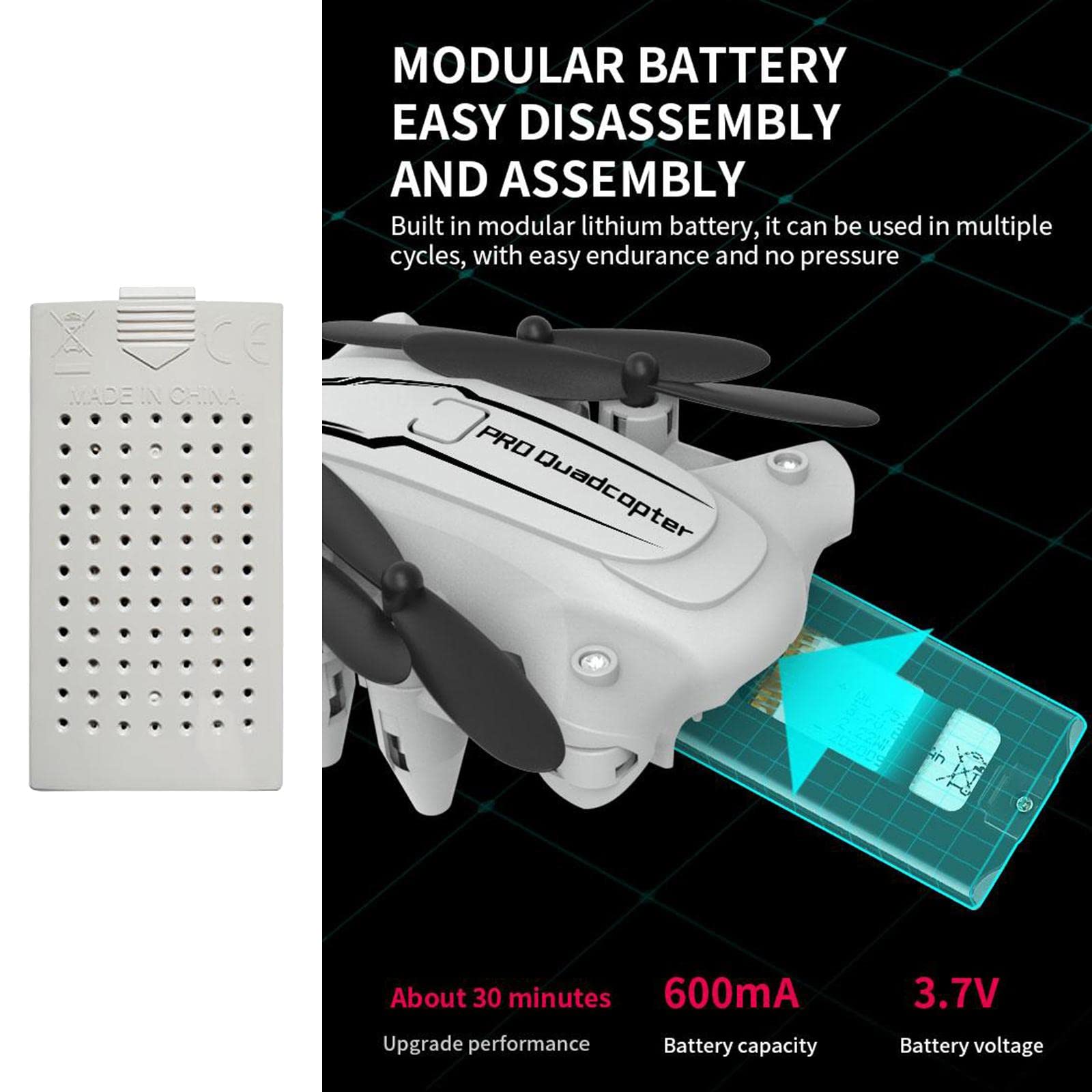 Akumulator do drona RC o dużej pojemności 3,7 V 600 mAh dla wydłużonego czasu F - bezpieczny akumulator polimerowy Lipo - biały