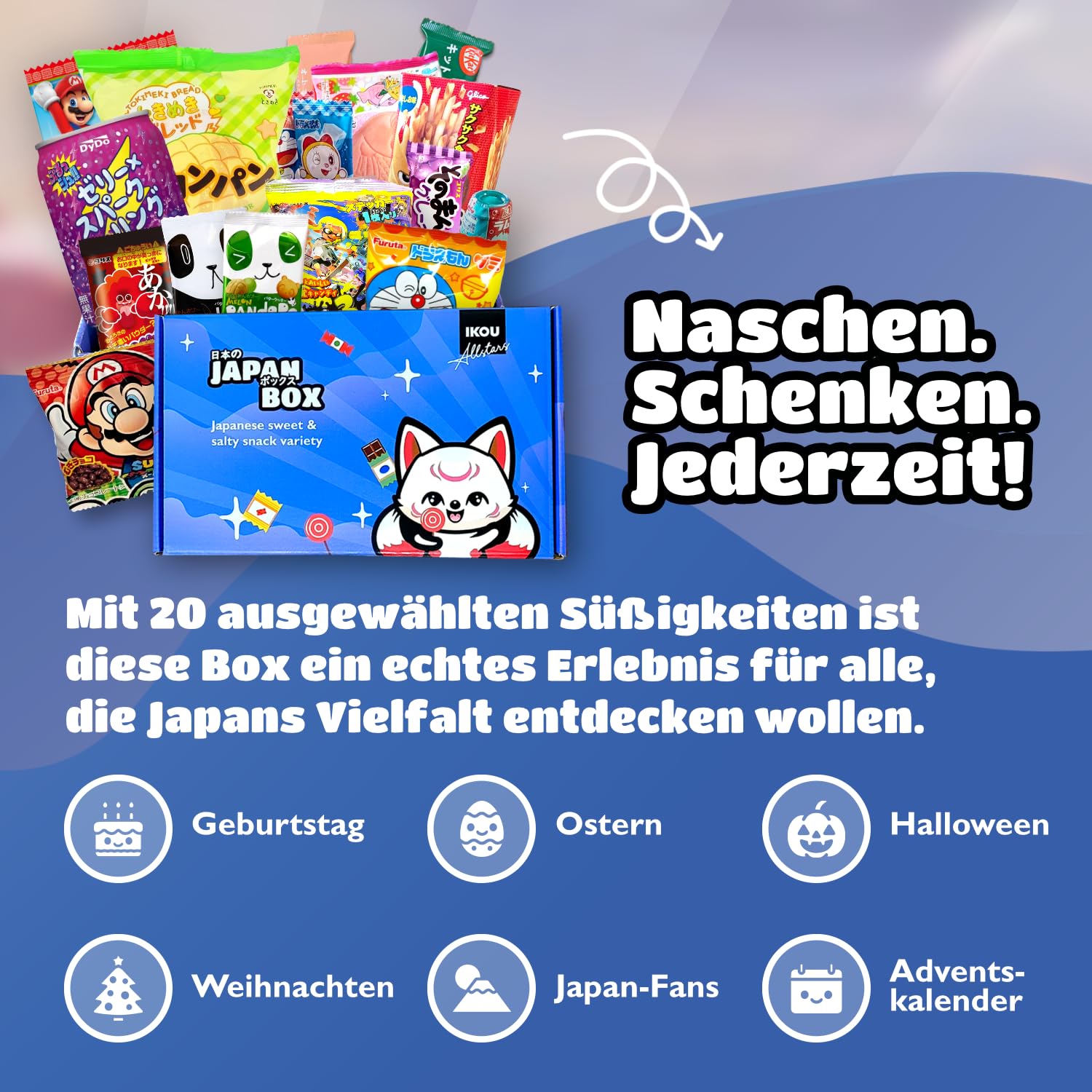 IKOU OKASHI Box - Japanische Süssigkeiten & Snacks | Probierbox Geschenkidee mit Schokolade, Chips & Bonbons, inkl. Origami & Sticker!