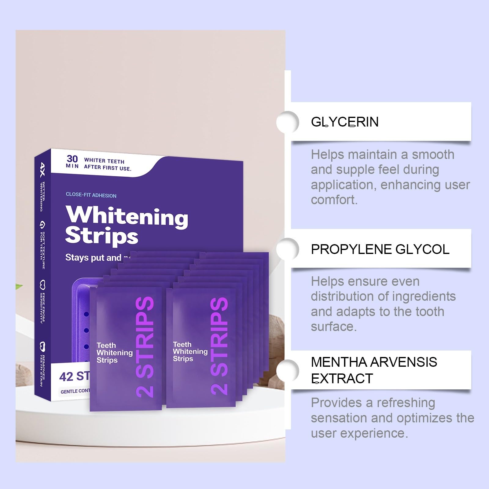 PURPLE WHITENING STRIPS, Nastro sbiancante dentale viola senza perossido, denti con formula per un sorriso brillante a casa Macchie Caffè/tè/vino sbiancamento sicuro senza danni