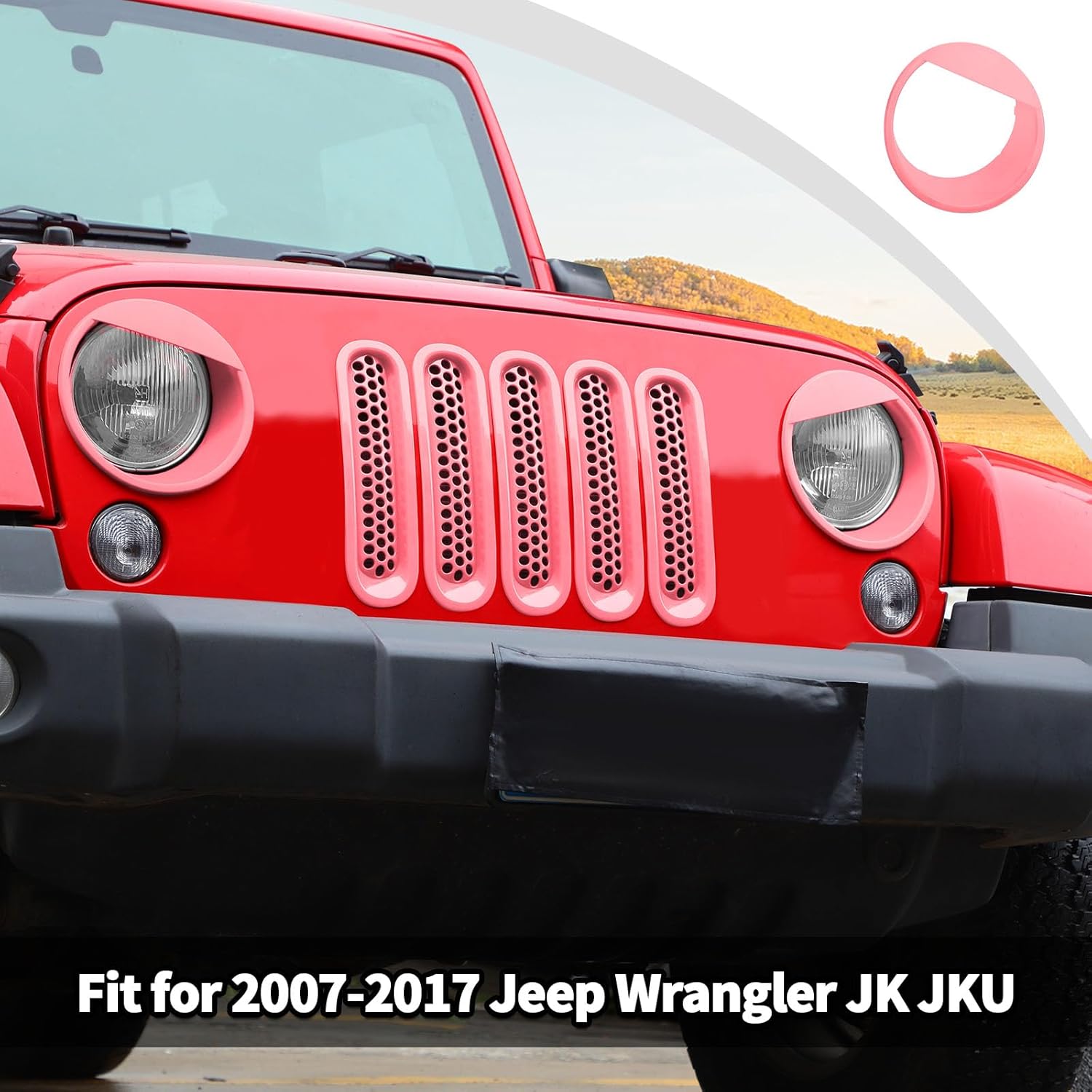 JWWY Front Grille Insert Radiator Grille Grillwork Surround Assembly Inserts Headlight Headlamp Cover Trim Set Fit for 2007-2017 Jeep Wrangler JK JKU Exterior Accessories 9pcs Pink