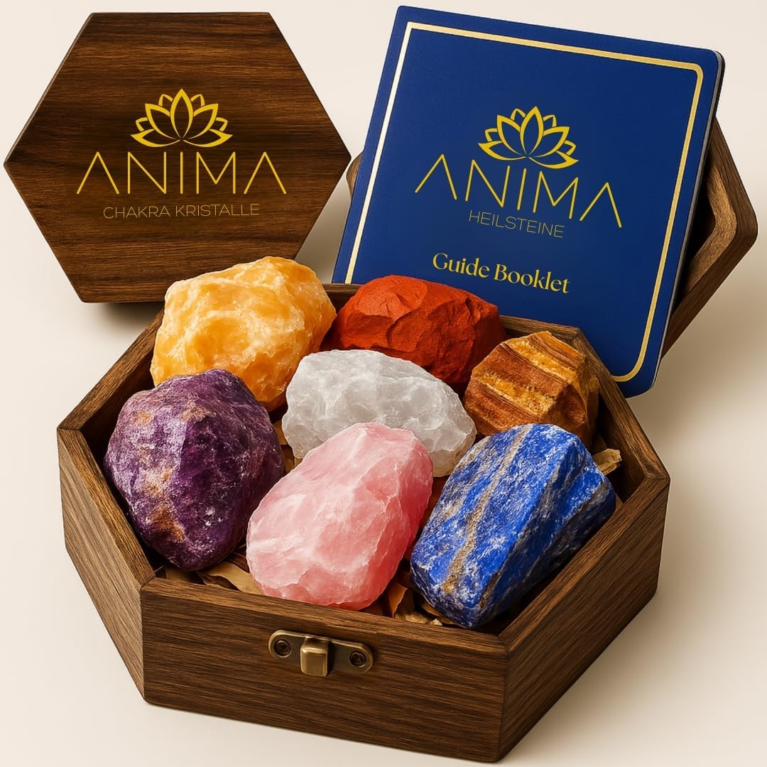 Anima Premium 7 Chakra Heilsteine Set für Energieausgleich – Große Rohsteine Amethyst, Rosenquarz, Citrin, Lapislazuli, Bergkristall, Tigerauge & Roter Jaspis – Holz-Geschenkbox & Heft enthalten