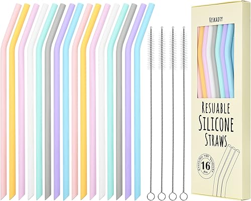 Pajitas de silicona reutilizables, 16 popotes largos y flexibles con 4 cepillos de limpieza para vasos YetiRticOzark de 20 y 30 onzas, sin BPA, sin
