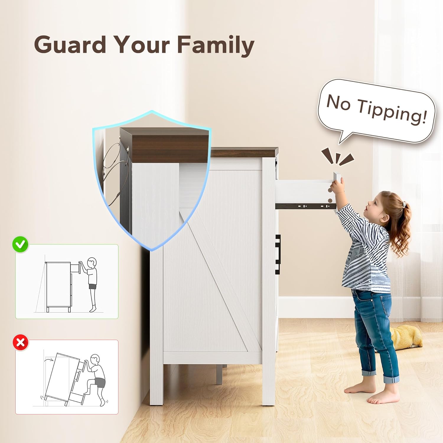 HOMCOM 59 Inch Farmhouse Sideboard Buffet Cabinet with Thick Top, Coffee Bar Cabinet with 2 Sliding Barn Doors, 4 Drawers and 2 Adjustable Shelves for Kitchen, Distressed White