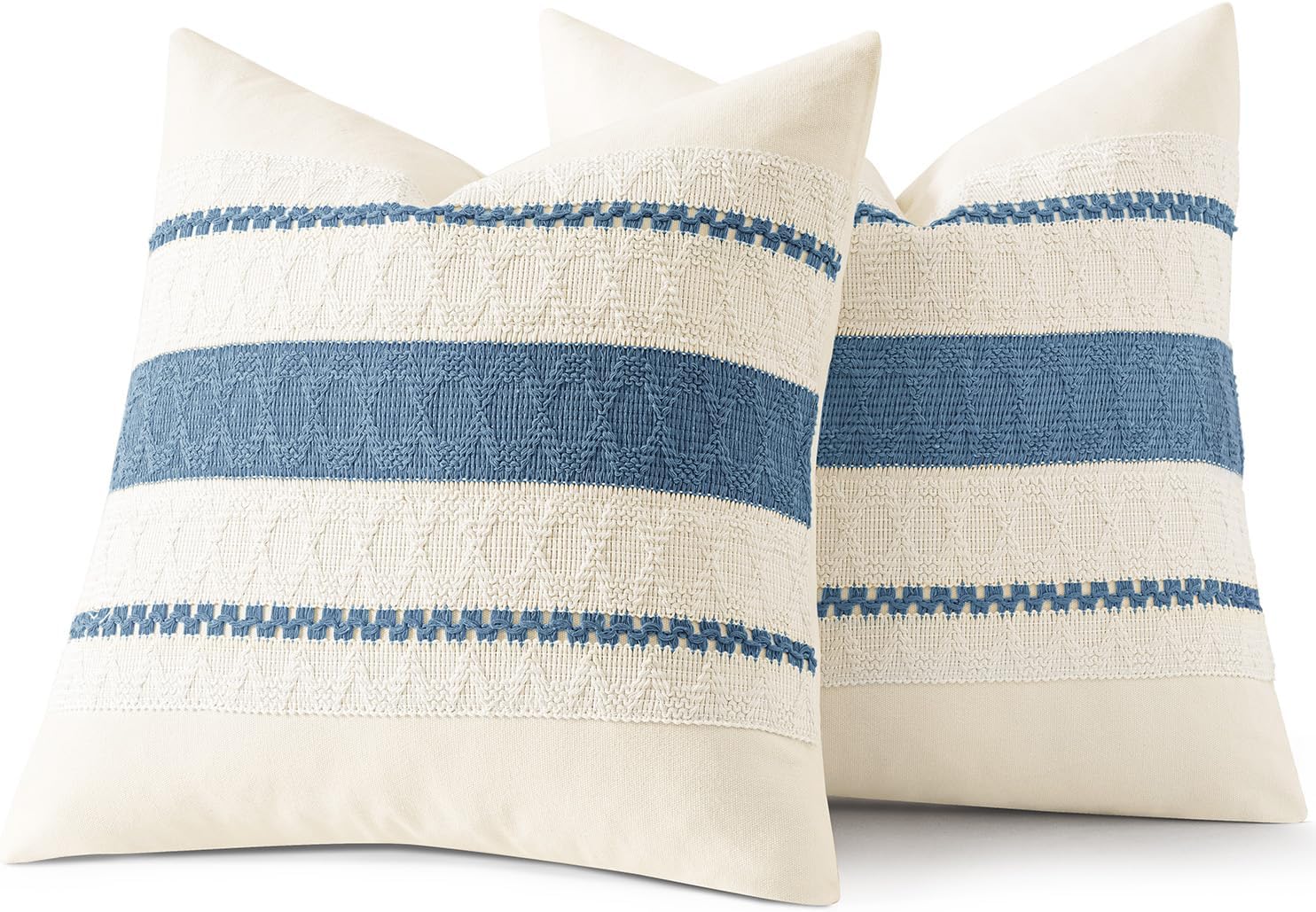 Woaboy Set of 2 Decorative Pillow Covers Boho Farmhouse Couch Throw Pillows Modern Cotton Cushion Covers Macrame Woven Spring Home Decor for Bed Sofa Chair 18x18 Inch Blue - Image 7