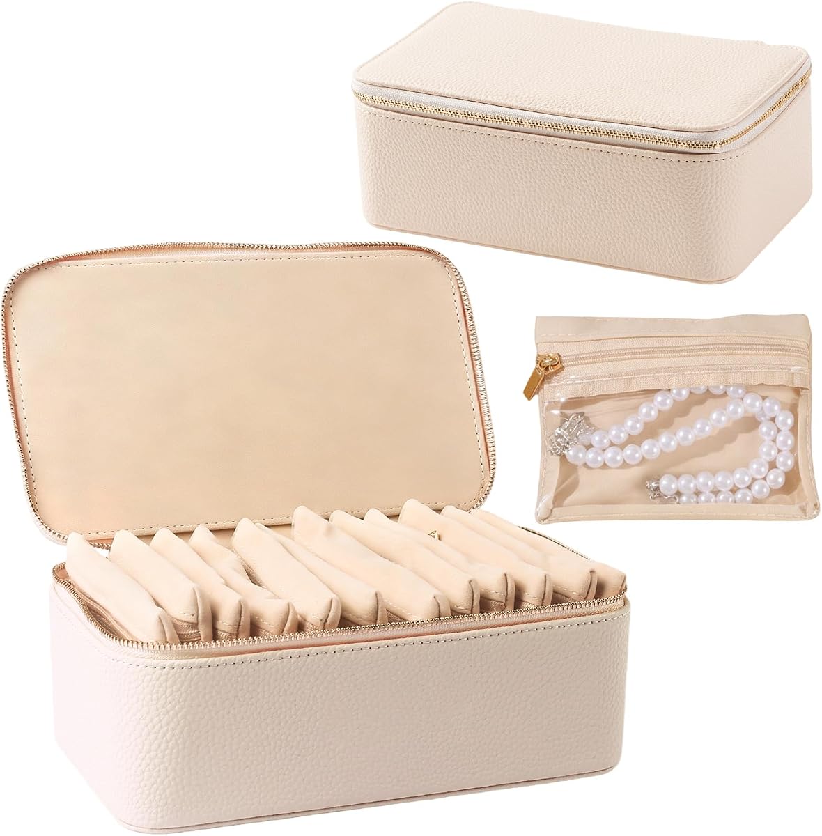Joyero de Viaje con 12 Bolsas de Terciopelo con Cremallera, Beige | Textura de grano de lichi, superficie de cuero de pu y forro de terciopelo suave, para joyerías, collares, anillos, pendientes, almacenamiento de clasificación.