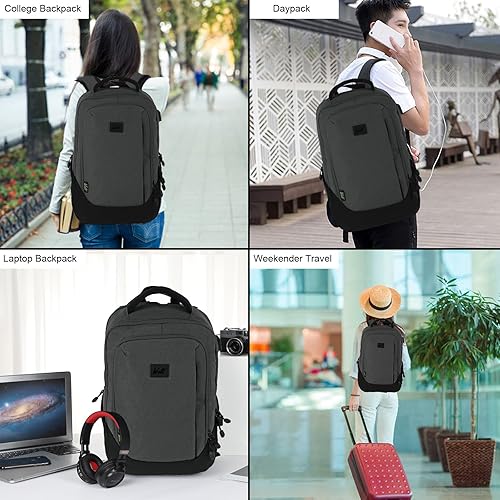 Miniatura 6 de WOLT  Mochila para portátil de viaje, bolsa de negocios aprobada por avión con puerto de carga USB, se adapta a portátiles de 15.6 pulgadas, Gris