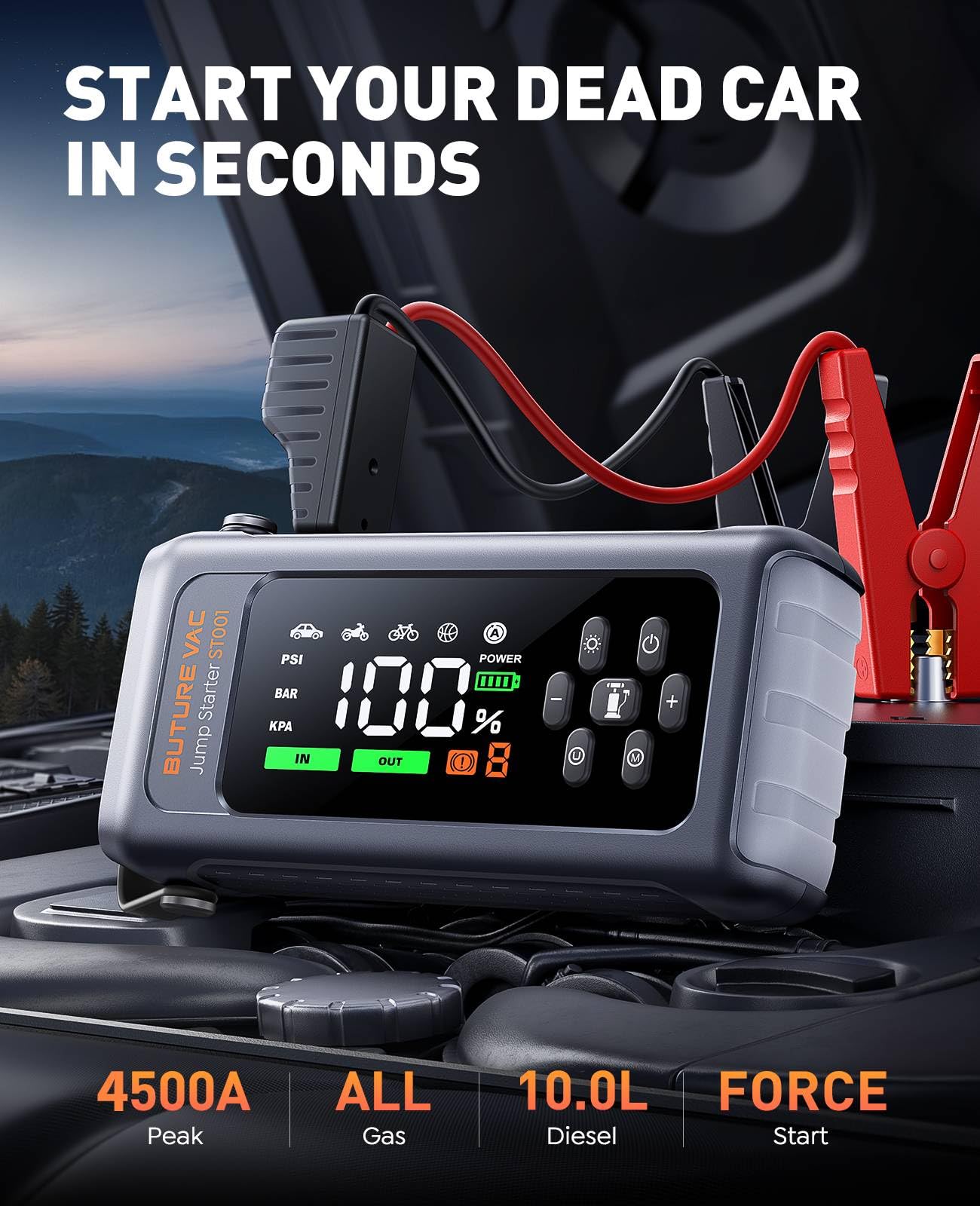 Booster Batterie Voiture avec Compresseur à Air 5000A 150PSI, 12V Démarreur (9L Tout Gaz ou 8L Diesel), 500 Lumière LED 4 Modes, Grand Écran, Gants