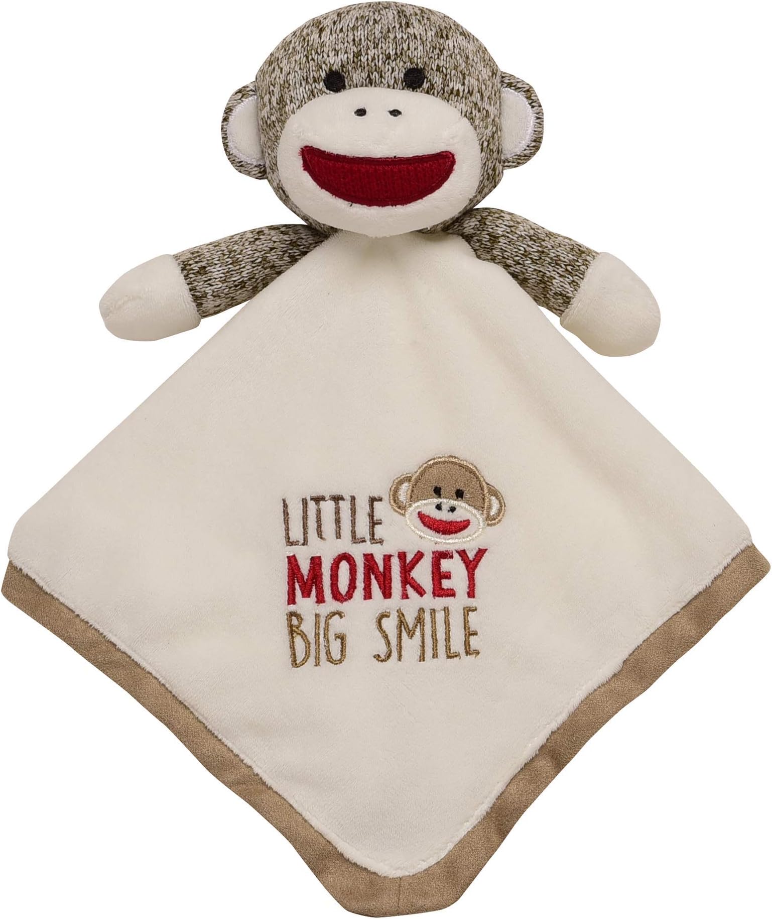 Baby Starters Plush 14 inch Snuggle Buddy with Embroidery and Satin, Sock Monkey Blanket and Toy, Tan