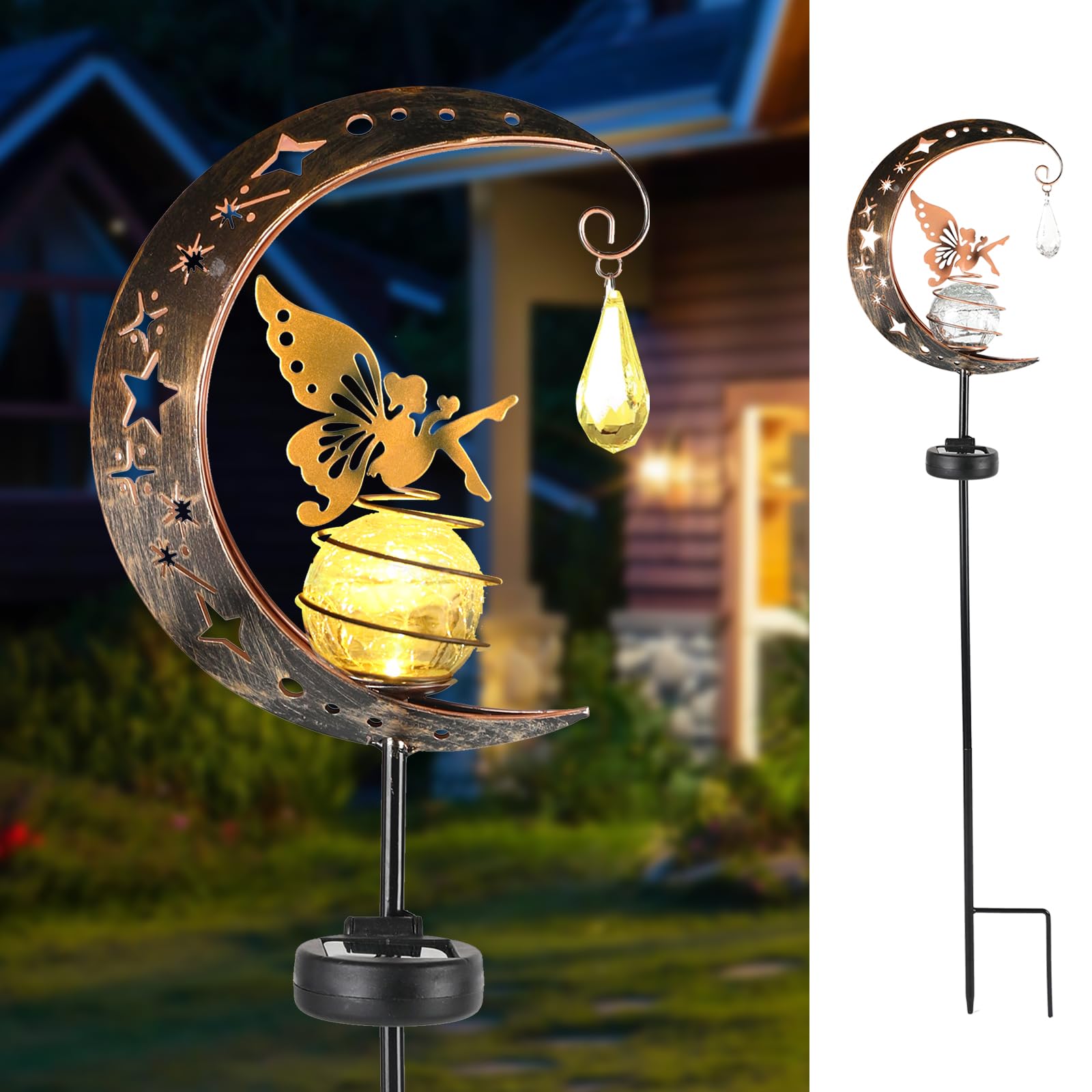 Solar Moon Fairy Garden Lights Yard Decorations Outdoor, Waterproof Moon Fairy Crackle Glass Globe with Angel, Garden Ornament for Patio, Lawn, Yard, Pathway-Christmas Gift Ideas for Mom Grandma