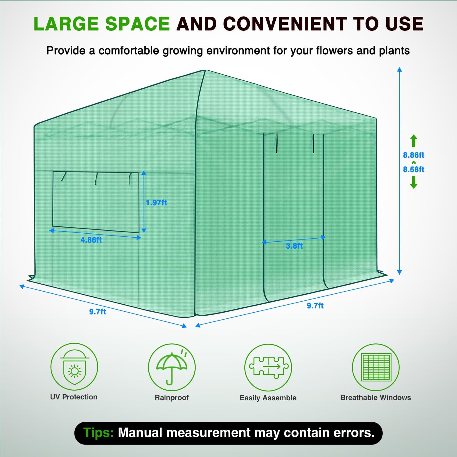 Yesker Greenhouse 10X10 FT Pop Up Greenhouses Tent Walk in Green House with Screen Windows Waterproof PE Cover Portable Large Greenhouse Kit for Outdoor Winter Gardening Backyard Patio Plant Outside