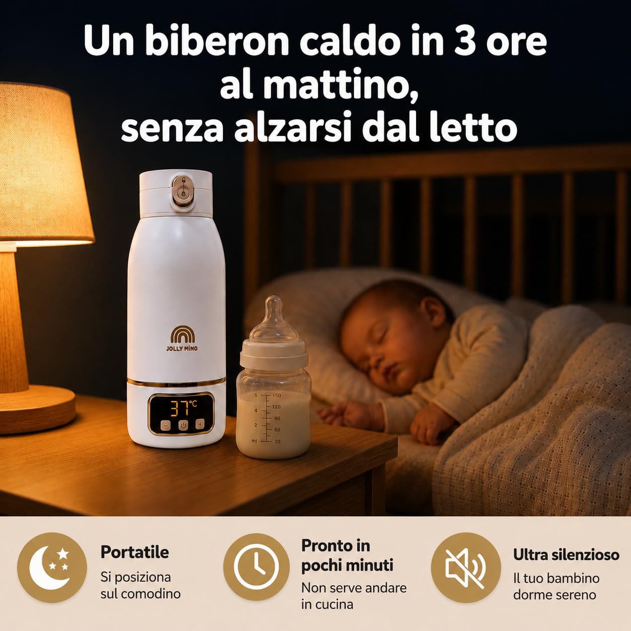 Scaldabiberon Portatile Senza Fili 500ml, Acciaio Inox, Temperatura Regolabile 35-55°C, Acqua e Latte Materno, Viaggio/Auto/Notte, Spazzolino Incluso, Design Dorato Premium