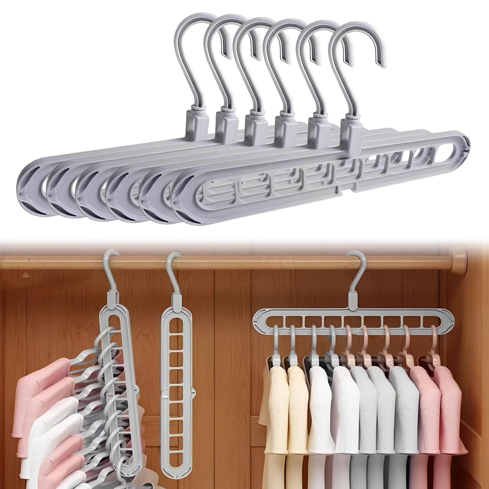 6Pcs 9 in 1 Smart Hanger Pro, 9 in 1 Hanger, Upgrade Space Saving Hangers, 9 Holes Rotate Anti-Skid Folding, Multifunction Flexible Design, for Heavy Clothes, Multiple Shirt, Shirts Pants (Gray)