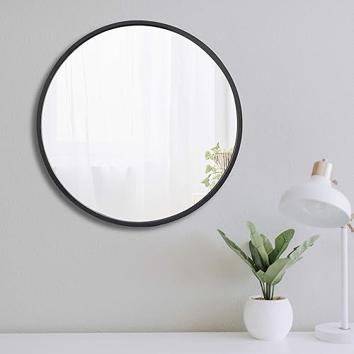 Miniatura 10 de HomGarden Espejo de pared redondo negro de 24 pulgadas, marco de metal, espejo circular moderno para entrada, tocador de baño, sala de estar,