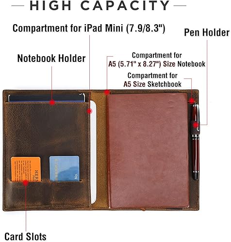 Miniatura 4 de Top Grain Leather - Padfolio de 8.3 pulgadas para hombres y mujeres, diseño vintage hecho a mano, organizador multifuncional de cartera de negocios,