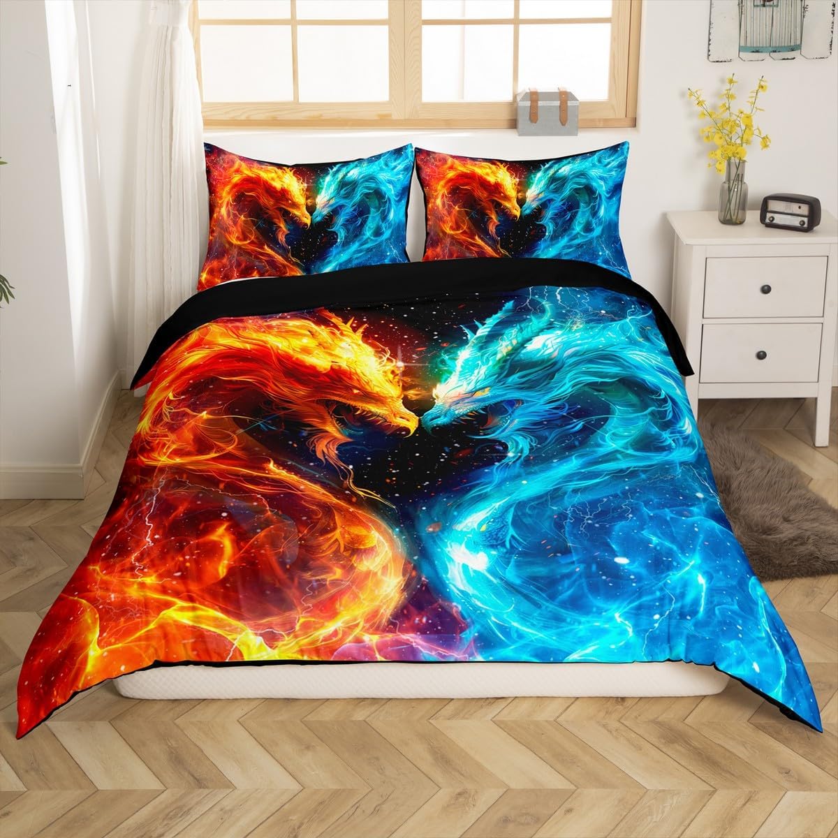 Feelyou Ice Fire Dragon Monster Bedding Set Twin Size for Kids Boys Girls Teens - Mysterious Comforter Cover Set Duvet Cover Galaxy Magic Bedspread Cover 2Pcs Zipper