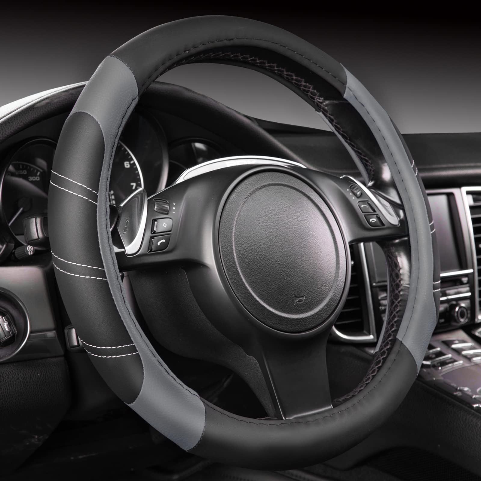 Steering Wheel Cover,Car Steering Wheel Cover,Universal Microfiber Leather Covers Breathable Anti-Slip Odorless Steering Wheels Accessories (Black＆Grey)