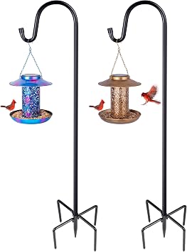 Ottsuls 2 Pack 92 inch Adjustable Shepherd Hooks and 2 Pack Solar Bird Feeder for Outdoors Hanging Decor Blue and Brown