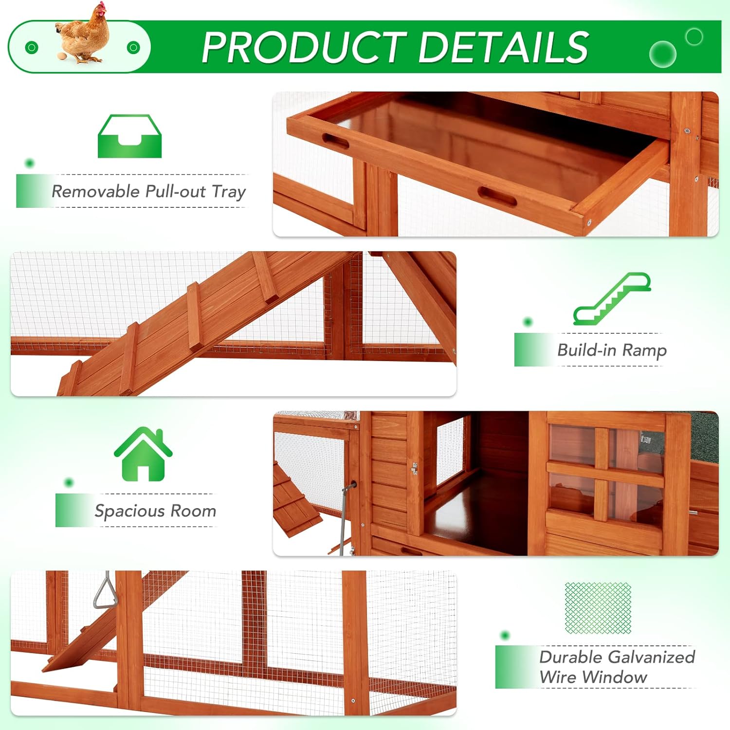 AECOJOY 123“ Chicken Coop for 10 Chickens, Large Chicken Coop with Run, 4 Nesting Boxes, Wooden Hen House Outdoor Chicken House Poultry Cage with Removable Tray, Roosting Bars, Ramp, Brown