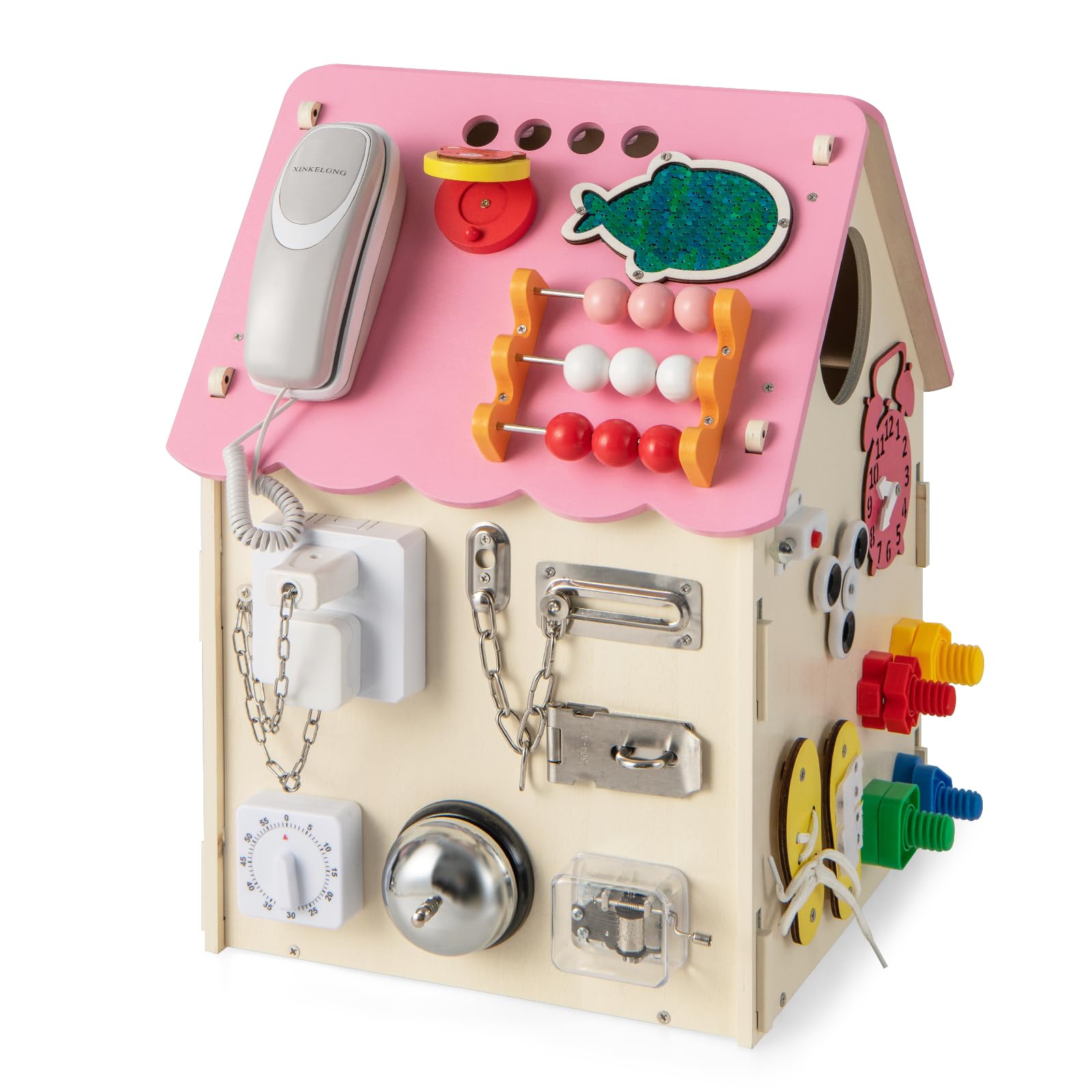 GOPLUS Casa de Juegos de Madera para niños, casa de Juegos Infantil educativa con 33 componentes, Juguete Montessori con Espacio de Almacenamiento para niños 3+ años, para Aprendizaje (Rosa)