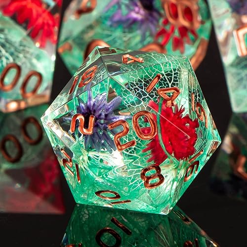 Miniatura 2 de KERWELLSI Dados D&D de resina de borde afilado, juego de dados DND de flores, 7 piezas de dados RPG con caja, dados de mazmorras y dragones, dados