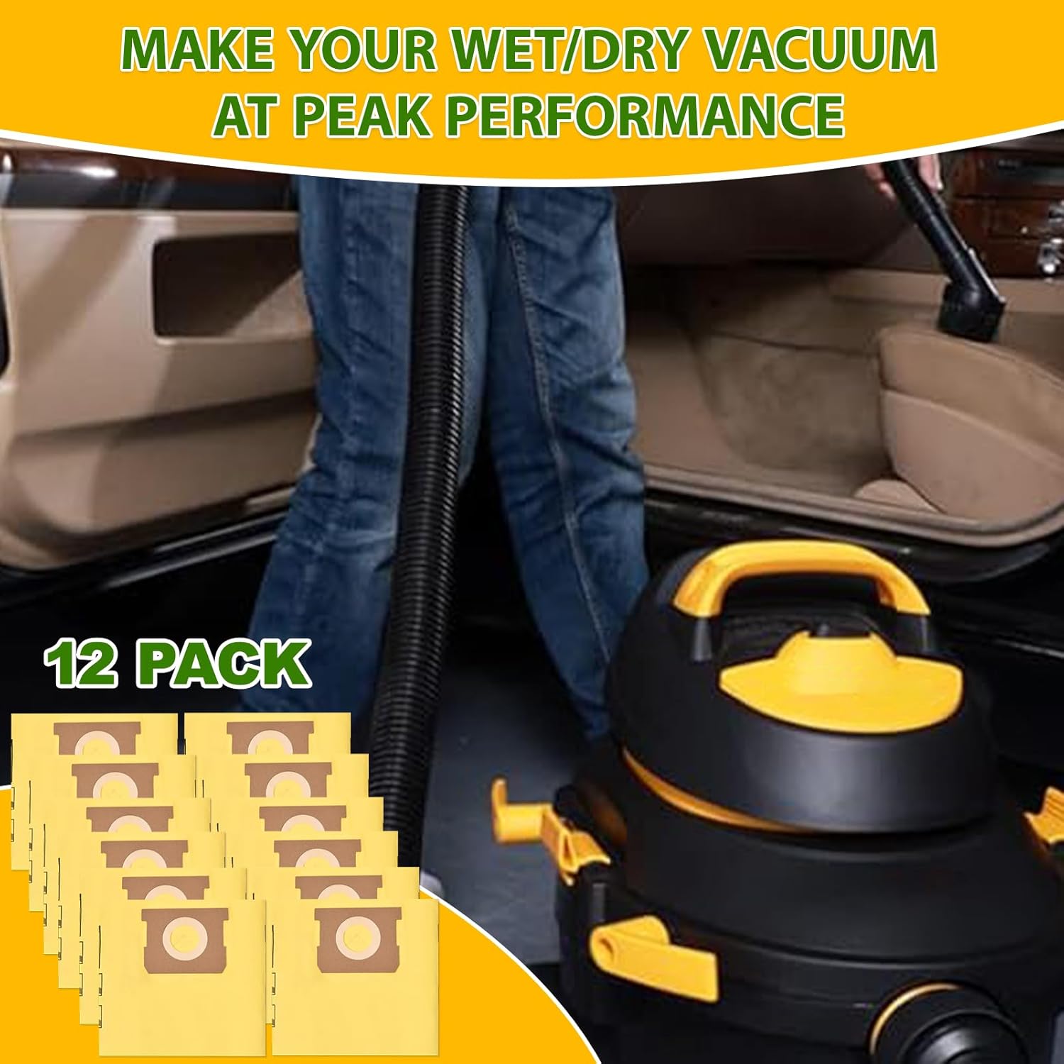 91964 Type D Bags Compatible with Shop Vac 4 Gallon Wet/Dry Vacuum, Replacement 4 Gallon Bags 9196400 and 9196433 for High Efficiency Dust Collection and Easy Cleanup (12 Pack)
