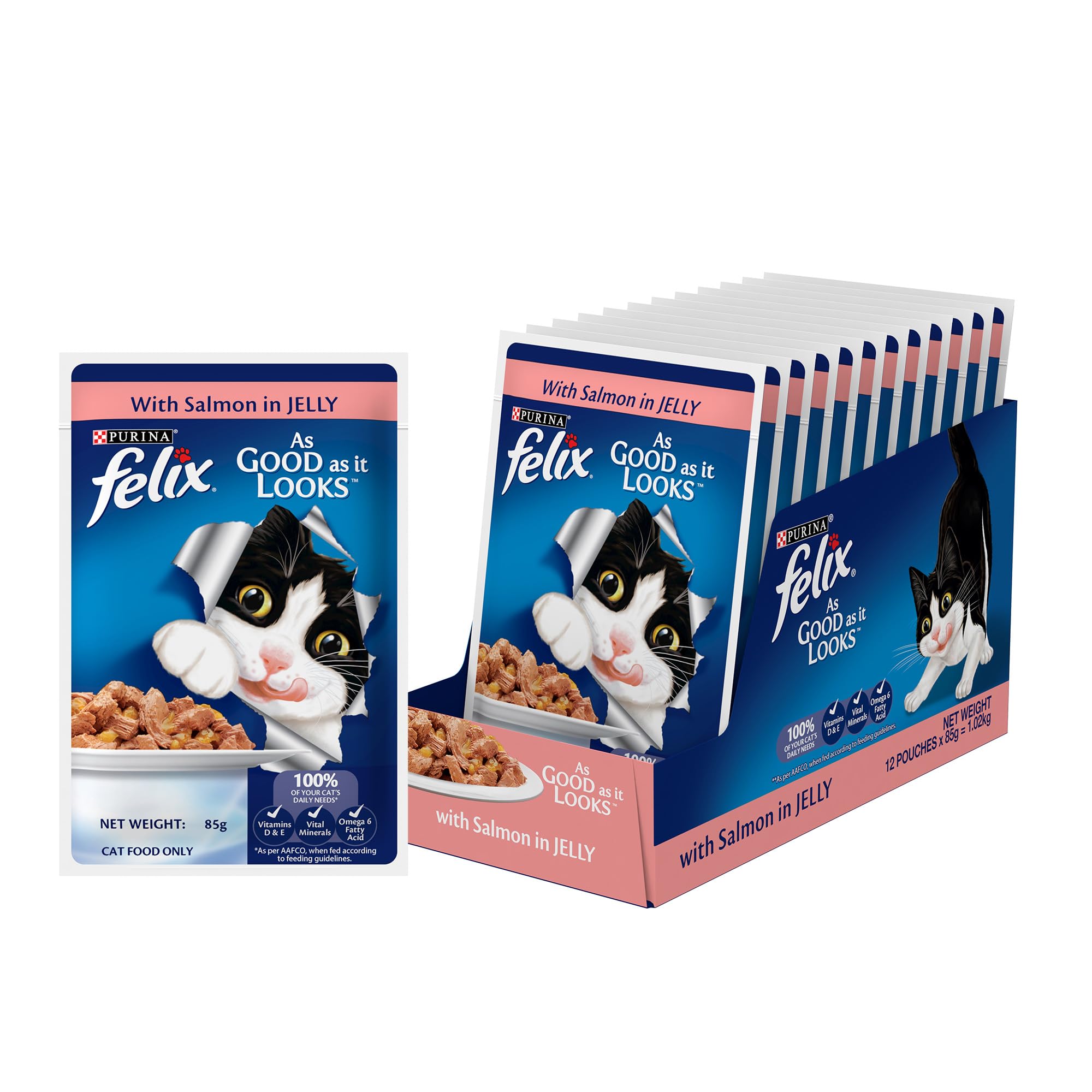Purina Felix with Salmon in Jelly | Wet Food for Adults | Complete and Balanced Cat Food, Pack of 12 Pouches (12 x 85 g)
