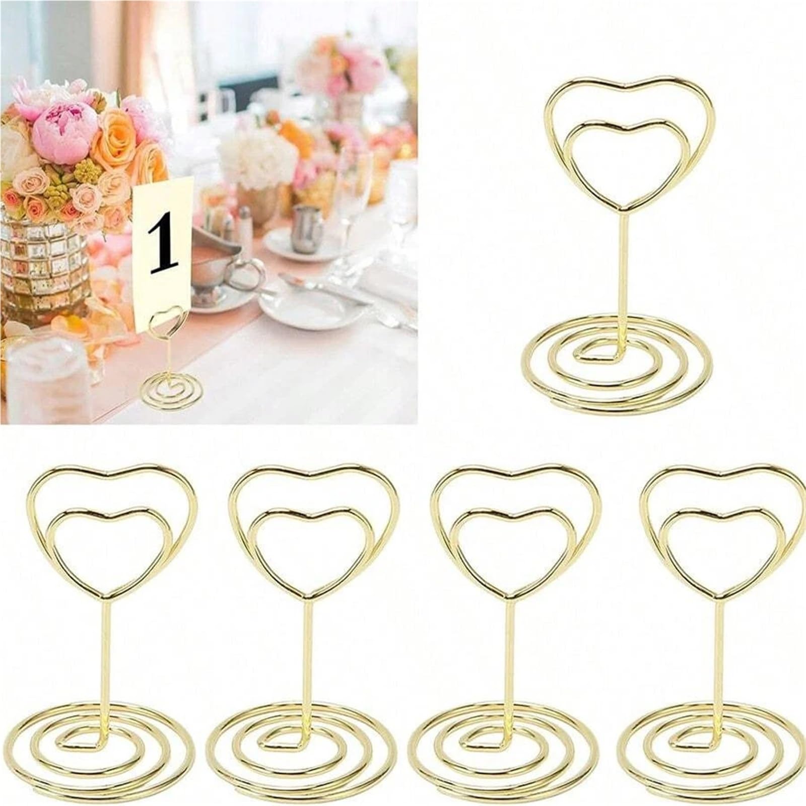 Mini-Tischkartenhalter, 10–50 Stück, Tischnummernhalter for Hochzeiten, herzförmig, Tischschild, Bild, Fotohalter Für Hochzeitsfeiern(Gold 50pcs)